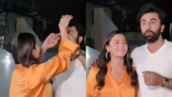 Actor Alia Bhatt tries to fix Ranbir Kapoor’s hair, he pushes her hand away. Watch