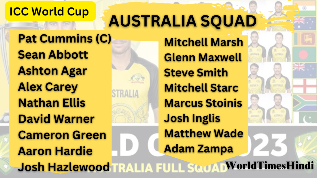 ICC World Cup 2023 ,
Australian team squad for ICC World Cup 2023
Pat Cummins (C)
Sean Abbott
Ashton Agar
Alex Carey
Nathan Ellis
Cameron Green
Aaron Hardie
Josh Hazlewood
Mitchell Marsh
Glenn Maxwell
Steve Smith
Mitchell Starc
Marcus Stoinis
Josh Inglis (reserve wicketkeeper)
Matthew Wade
David Warner
Adam Zampa