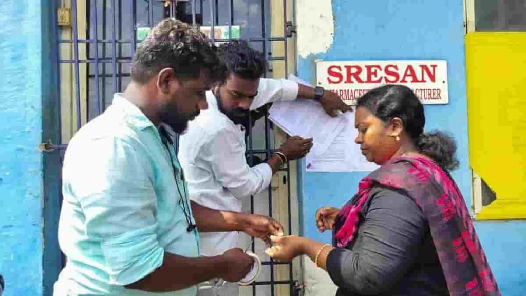 Enforcement Directorate officers conducting raids at Sresan Pharma office in Chennai after Coldrif cough syrup deaths probe.
