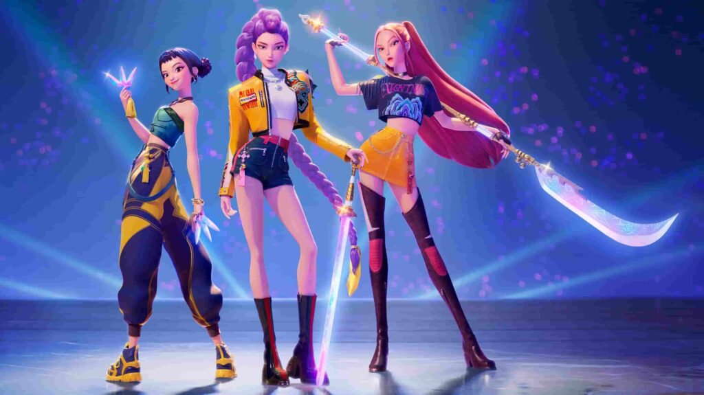 “Poster for animated film ‘KPop Demon Hunters’ featuring a K-pop girl group in futuristic stage outfits, posing in dynamic action stances with neon colors and a city skyline in the background, hinting at their secret roles as demon hunters.”