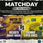 Matchday poster for IPL 2026 Match 22 between Kolkata Knight Riders and Chennai Super Kings in Chennai.