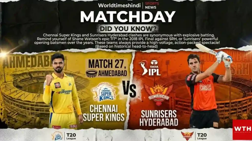 Chennai Super Kings and Sunrisers Hyderabad match 27 preview graphic for IPL 2026.
