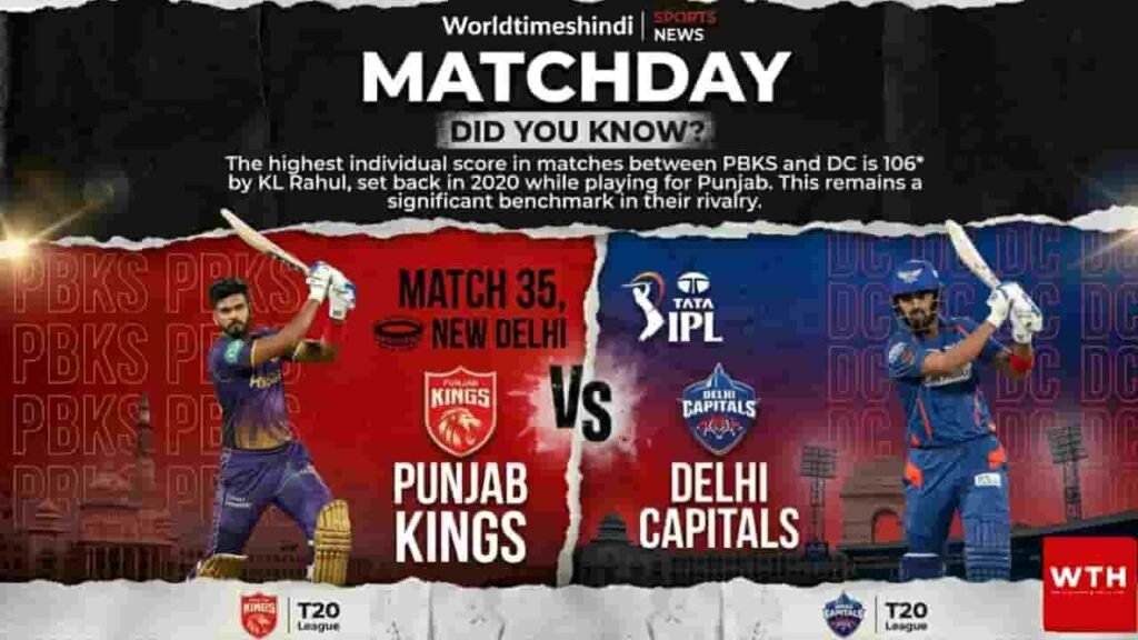 Punjab Kings vs Delhi Capitals match 35 preview poster for IPL 2026 at New Delhi.