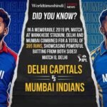 "An illustrative sports graphic for Tata IPL Match 8 between Delhi Capitals and Mumbai Indians. The poster features animated cricket players cheering, along with a 'Did You Know' fact highlighting their 395-run combined score in a 2019 IPL match."