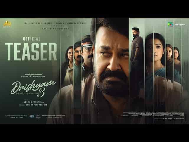 Drishyam 3 official teaser poster featuring Mohanlal and the main cast.