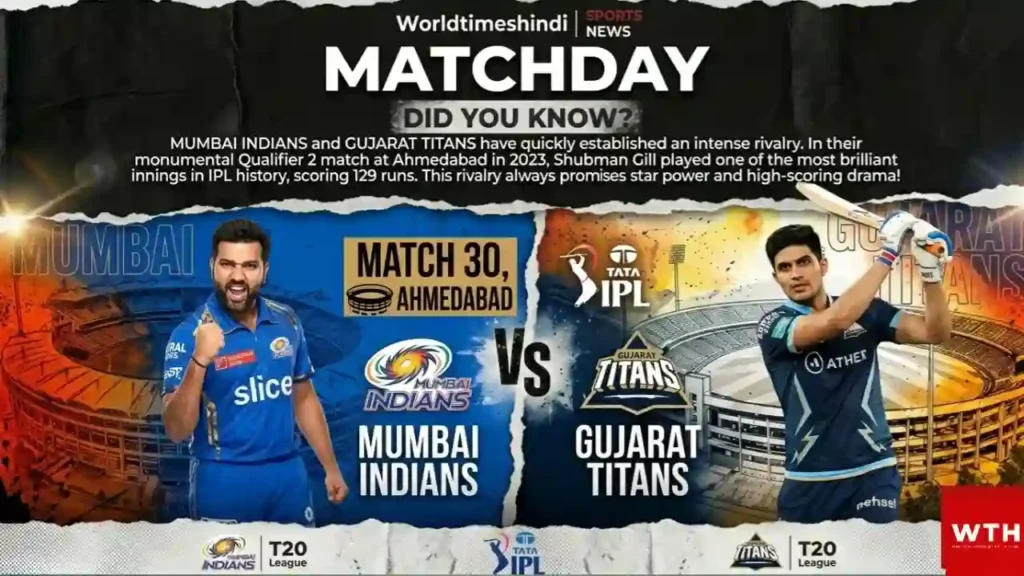 Mumbai Indians vs Gujarat Titans match 30 promotional graphic for IPL 2026 at Ahmedabad.