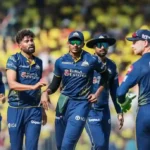 Gujarat Titans players standing together on the field during the CSK vs GT IPL 2026 match at Chepauk.