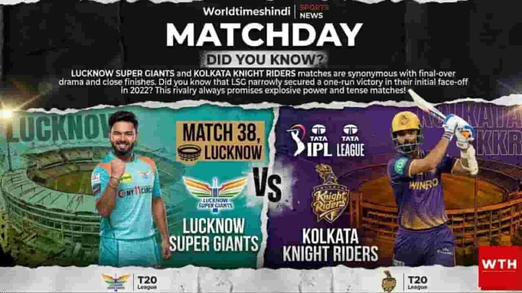 Match 38 IPL 2026 preview graphic featuring Lucknow Super Giants vs Kolkata Knight Riders at Ekana Stadium.
