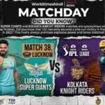 Match 38 IPL 2026 preview graphic featuring Lucknow Super Giants vs Kolkata Knight Riders at Ekana Stadium.