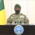 Mali’s military leader Assimi Goita delivering a national address on April 28, 2026, following deadly insurgent attacks.