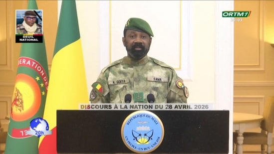 Mali’s military leader Assimi Goita delivering a national address on April 28, 2026, following deadly insurgent attacks.