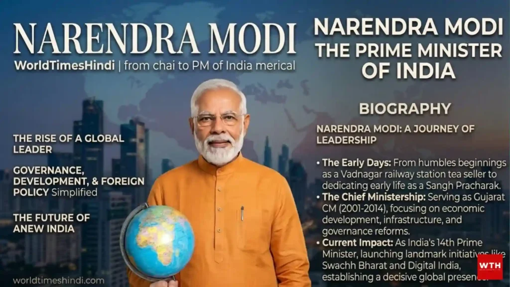 Narendra Modi biography poster with a globe and political background
