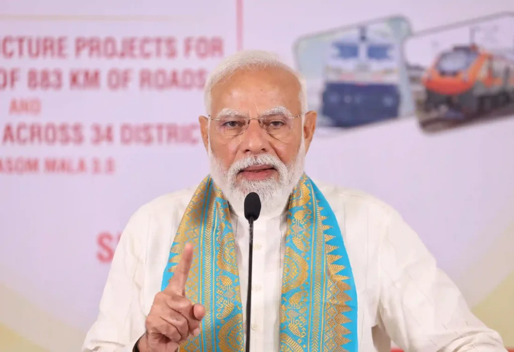 Narendra Modi speaking at a public event on road and infrastructure projects