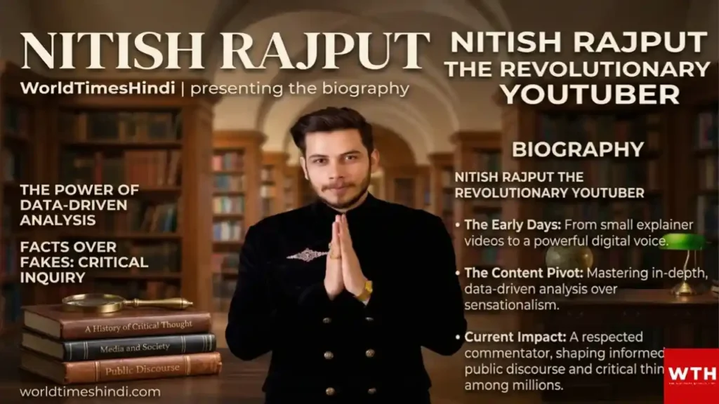 Nitish Rajput biography banner with title, key highlights, and editorial branding in a library-style background.