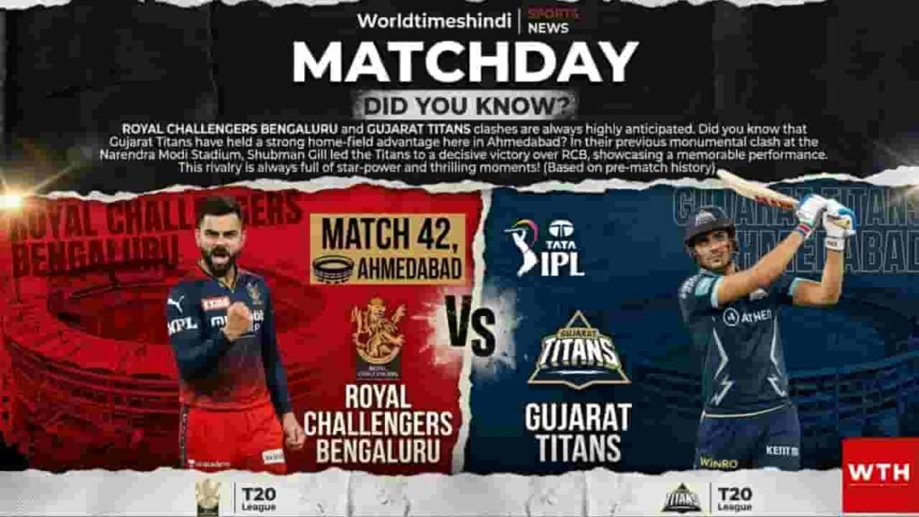 Royal Challengers Bengaluru vs Gujarat Titans Match 42 IPL 2026 preview banner for Ahmedabad.