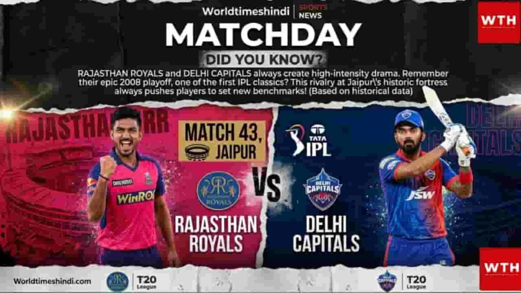 Rajasthan Royals and Delhi Capitals match preview poster for IPL 2026 Match 43 in Jaipur.