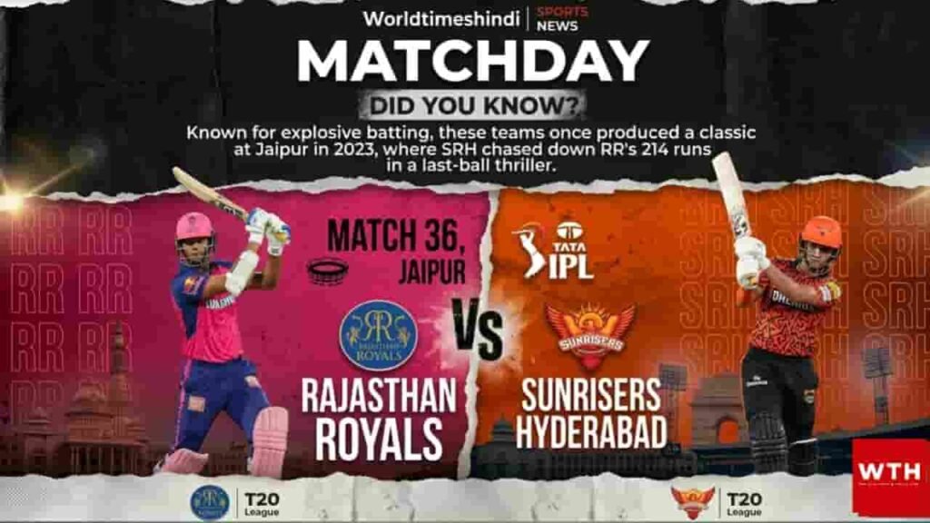 Rajasthan Royals vs Sunrisers Hyderabad matchday poster for IPL 2026 Match 36 in Jaipur.