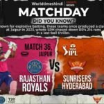 Rajasthan Royals vs Sunrisers Hyderabad matchday poster for IPL 2026 Match 36 in Jaipur.