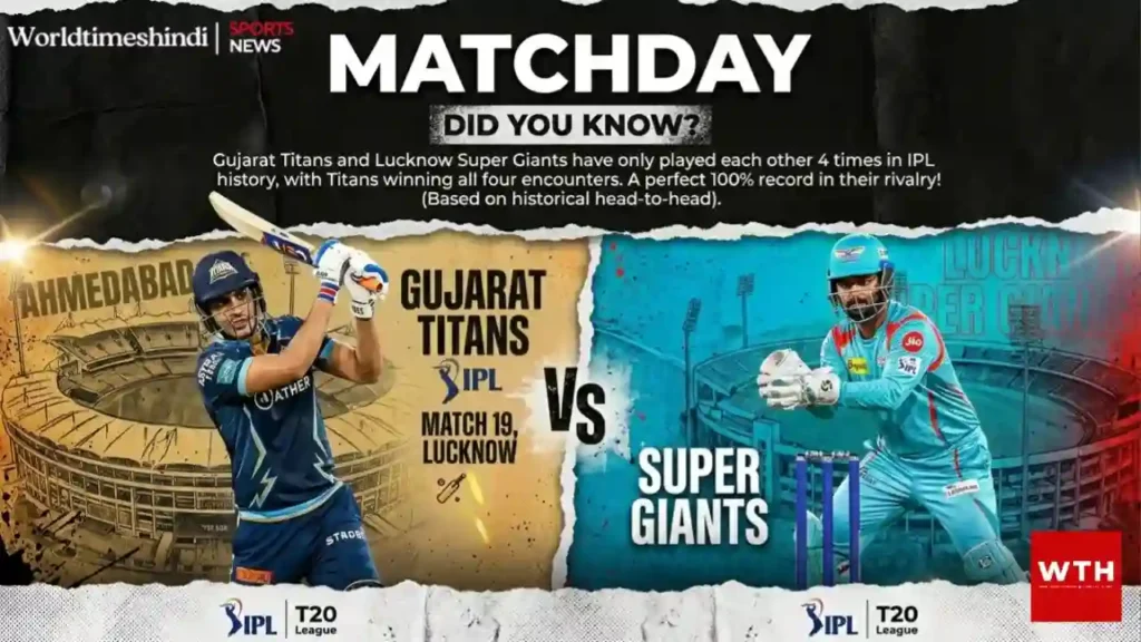 A detailed sports promotional graphic poster for IPL Match 19 between Gujarat Titans and Lucknow Super Giants, set in Lucknow. The top features a 'DID YOU KNOW?' trivia section with their head-to-head record. The left panel shows a Gujarat Titans batsman (Shubman Gill) with an 'AHMEDABAD' stadium background. The right panel shows a Lucknow Super Giants wicket-keeper (KL Rahul) with a 'LUCKNOW' stadium background. 'VS' is in the center, and team names and match details are clearly marked. The overall style is gritty and textured with a multi-panel, torn paper effect.