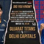 Promotional graphic for IPL Match 14 between Gujarat Titans and Delhi Capitals, featuring digitally illustrated portraits of Shubman Gill and KL Rahul celebrating, along with a team trivia section.