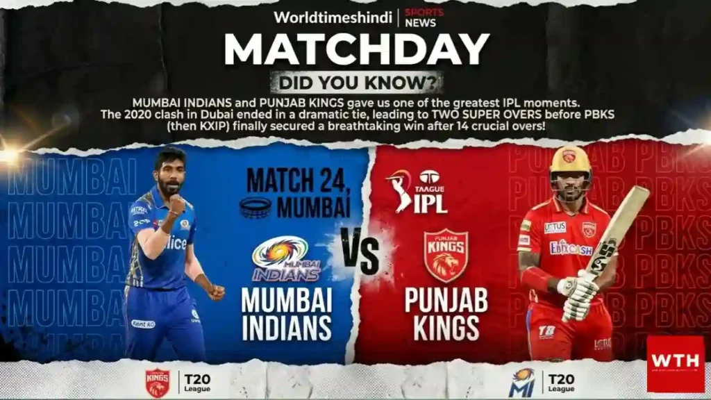 IPL Match 24 pre-match graphic: Mumbai Indians (featuring Jasprit Bumrah) versus Punjab Kings (featuring Shikhar Dhawan), including a trivia fact about their 2020 double Super Over tie.