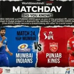 IPL Match 24 pre-match graphic: Mumbai Indians (featuring Jasprit Bumrah) versus Punjab Kings (featuring Shikhar Dhawan), including a trivia fact about their 2020 double Super Over tie.