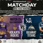 Matchday preview graphic for IPL Match 25 featuring KKR's Sunil Narine and GT's Shubman Gill in Ahmedabad, highlighting Rinku Singh's historic 5-sixes trivia.