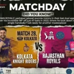 Match 28 IPL 2026 preview graphic for Kolkata Knight Riders vs Rajasthan Royals at Eden Gardens.