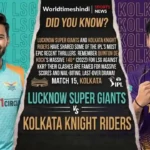 Promotional graphic for IPL Match 15 between Lucknow Super Giants and Kolkata Knight Riders, featuring player portraits and match trivia.
