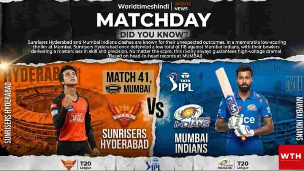Graphic preview for IPL 2026 Match 41 between Mumbai Indians and Sunrisers Hyderabad at Wankhede Stadium.