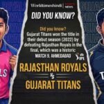 "An illustrative sports poster for Tata IPL Match 9 between Rajasthan Royals and Gujarat Titans in Ahmedabad. The graphic features animated cricketers Vaibhav Suryawanshi and Shubman Gill cheering, along with a 'Did You Know' fact about Gujarat Titans winning their debut 2022 IPL title against Rajasthan Royals."
