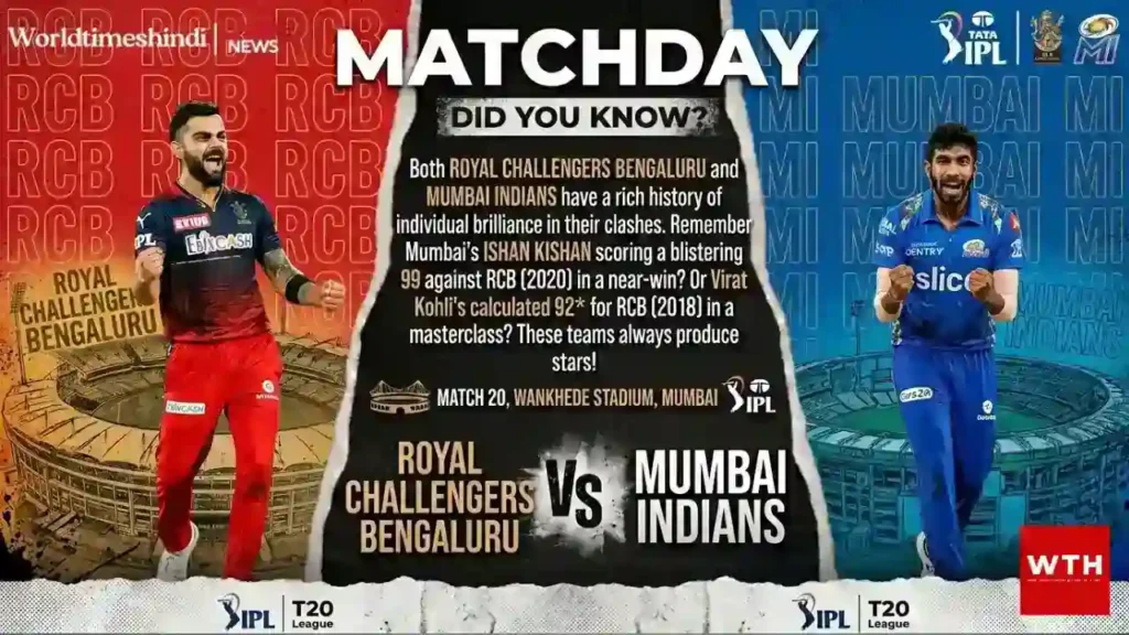 IPL Match 20 between Royal Challengers Bengaluru and Mumbai Indians at Wankhede Stadium. The split-screen design features Virat Kohli in red on the left and Jasprit Bumrah in blue on the right. The center contains a black torn-paper graphic displaying trivia about their past IPL clashes and match details.