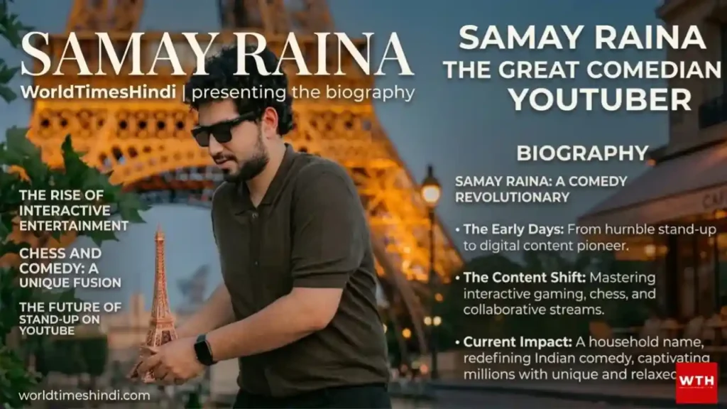 Samay Raina biography promo banner with Eiffel Tower background and text about his comedy and YouTube journey.