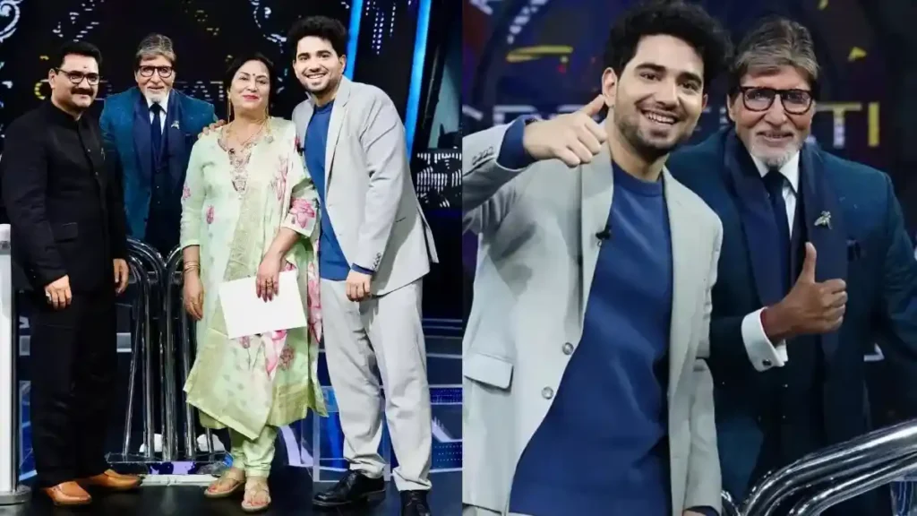 Samay Raina with his parents at a public event at Kon banega crorepati with amitabh bachchan , with his father in a suit and his mother in a light green outfit.