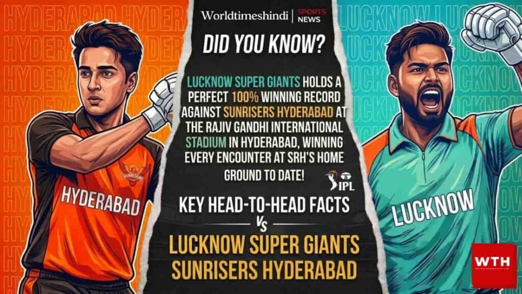 > "Illustration of Abhishek Sharma and Rishabh Pant for IPL Match 10 between Sunrisers Hyderabad and Lucknow Super Giants, featuring an IPL trivia fact about LSG's 100% winning record against SRH in Hyderabad."