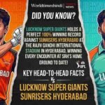 > "Illustration of Abhishek Sharma and Rishabh Pant for IPL Match 10 between Sunrisers Hyderabad and Lucknow Super Giants, featuring an IPL trivia fact about LSG's 100% winning record against SRH in Hyderabad."