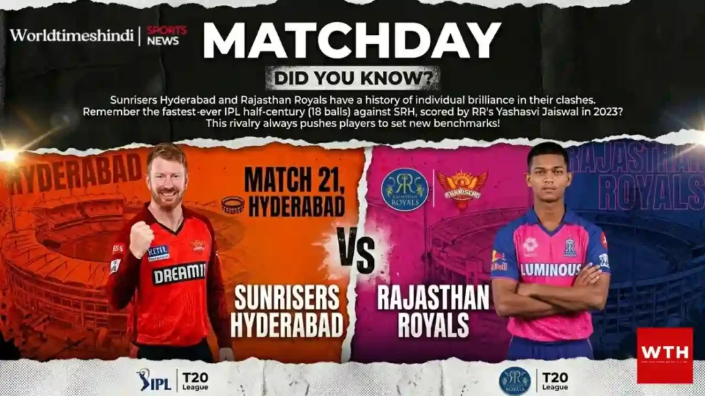 A 16:9 promotional matchday poster for IPL Match 21 between Sunrisers Hyderabad and Rajasthan Royals in Hyderabad. The split graphic features Heinrich Klaasen on the left in orange and Yashasvi Jaiswal on the right in pink, along with a top trivia section highlighting Jaiswal's 18-ball half-century record.
