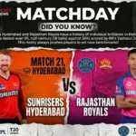 A 16:9 promotional matchday poster for IPL Match 21 between Sunrisers Hyderabad and Rajasthan Royals in Hyderabad. The split graphic features Heinrich Klaasen on the left in orange and Yashasvi Jaiswal on the right in pink, along with a top trivia section highlighting Jaiswal's 18-ball half-century record.