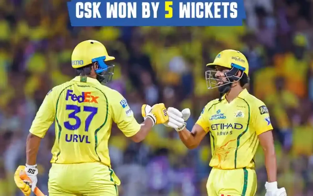 CSK players celebrate after winning by 5 wickets.