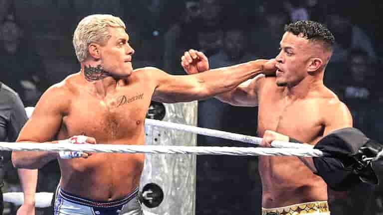 Cody Rhodes delivers a punch to Ricky Saints during their match on WWE SmackDown in Tulsa.