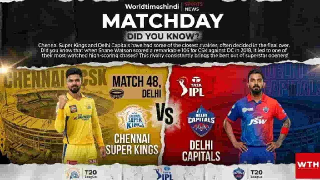 Chennai Super Kings and Delhi Capitals graphic for Match 48 of IPL 2026 in Delhi.