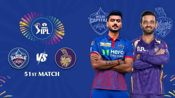 Delhi Capitals and Kolkata Knight Riders players featured on the IPL 2026 Match 51 preview poster.