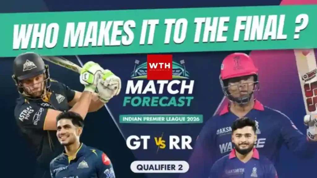 Gujarat Titans vs Rajasthan Royals IPL 2026 Qualifier 2 match forecast graphic.