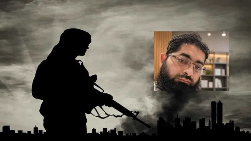 Silhouette of an armed militant with a blurred portrait inset, representing the Jaish commander story.