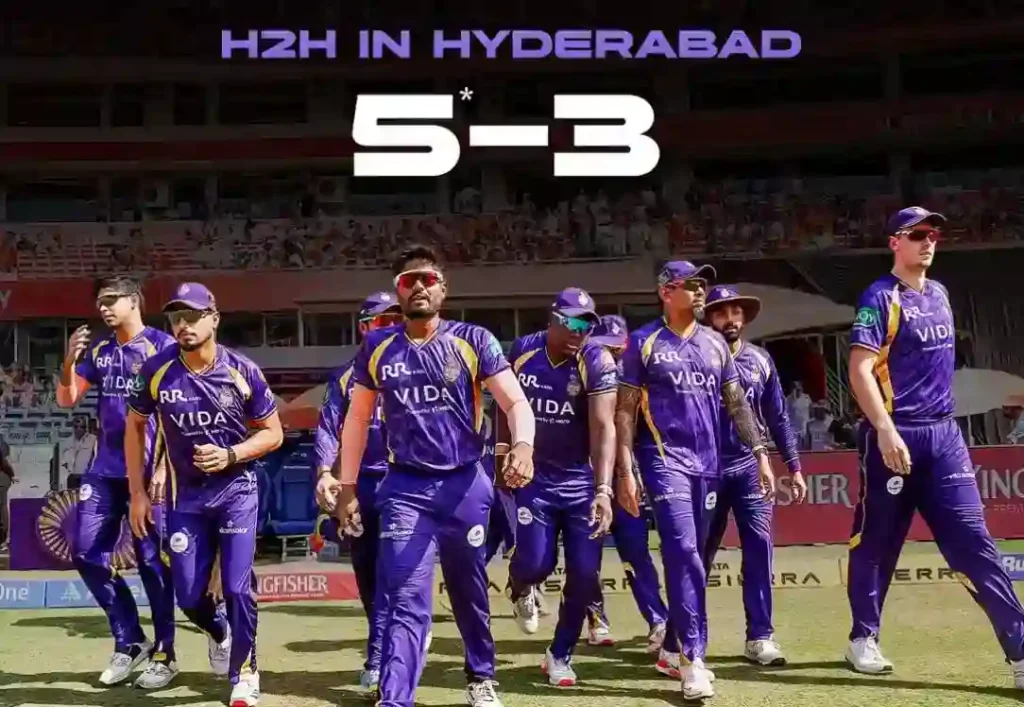 Kolkata Knight Riders players walk on the field in Hyderabad during IPL action.
