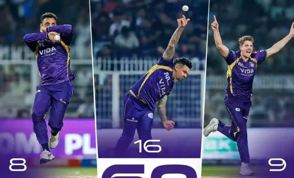 Three Kolkata Knight Riders bowlers delivering in split-frame action during an IPL match at Eden Gardens.