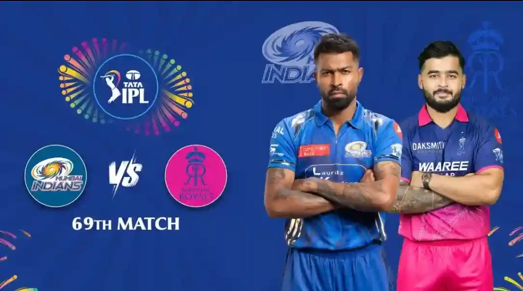 Mumbai Indians and Rajasthan Royals players on an IPL 2026 match poster for the 69th match.