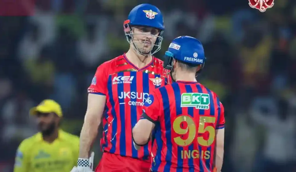 Mitchell Marsh and Josh Inglis in LSG jerseys during the IPL 2026 match against CSK