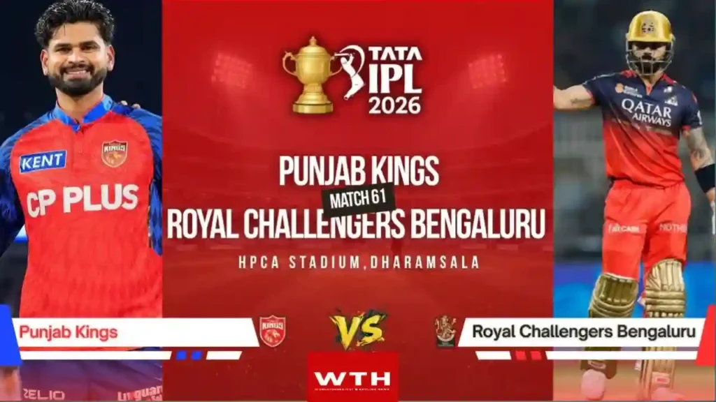Punjab Kings vs Royal Challengers Bengaluru IPL 2026 Match 61 poster at HPCA Stadium, Dharamsala