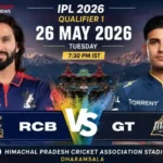 RCB vs GT IPL 2026 Qualifier 1 poster for 26 May 2026 at HPCA Stadium, Dharamsala.